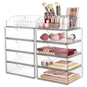 【2 Set】Vtopmart Clear Makeup Organizer with Drawer for Dresser, Countertop & Bathroom Vanity Cosmetic Storage for Lipstick Brush Skincare Organizing Tools Boxes