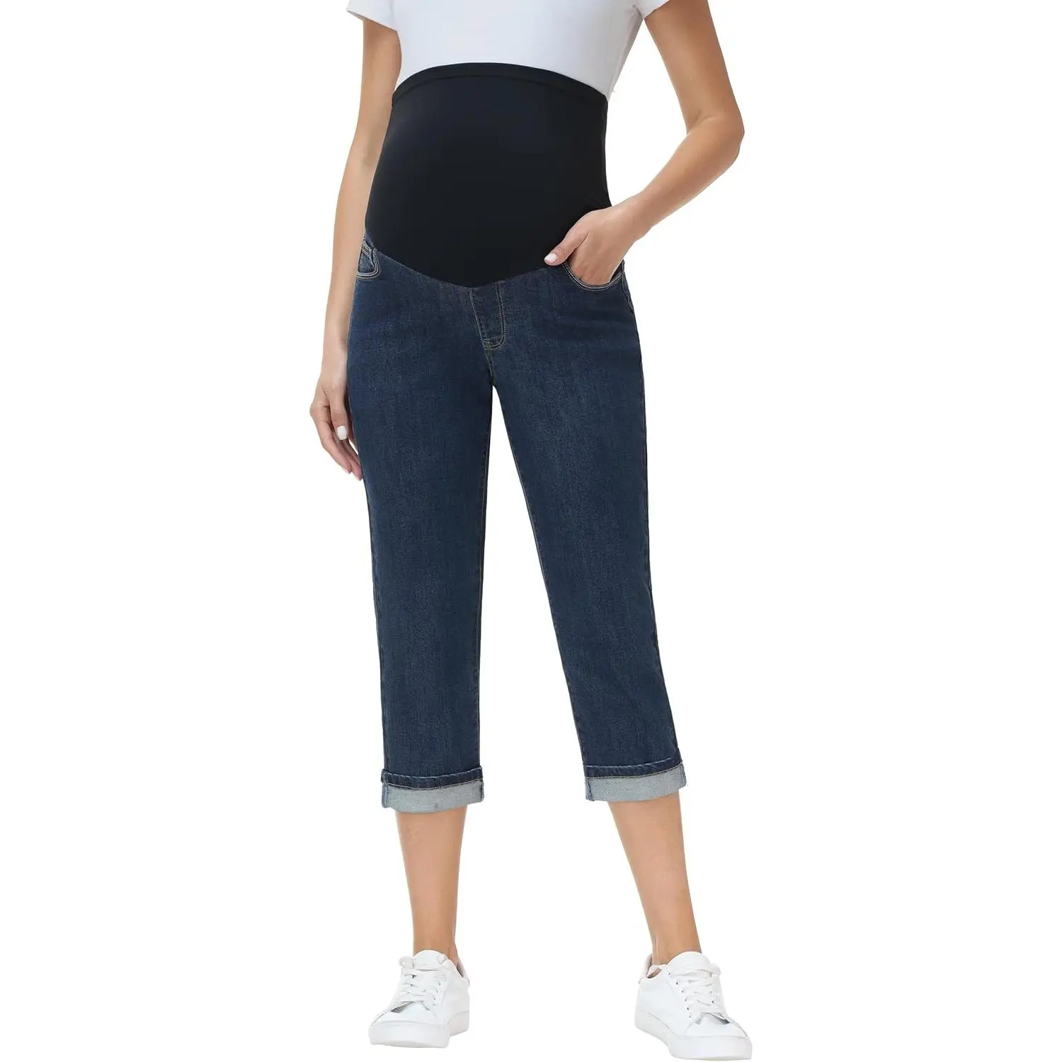 V VOCNI Women's Maternity Over-Belly Cuffed Denim Capris - Casual, Date-Ready Pregnancy Cropped Jeans with Pockets, Dates, Capri, Stretch Denim, Blouses, Over-Belly Panel