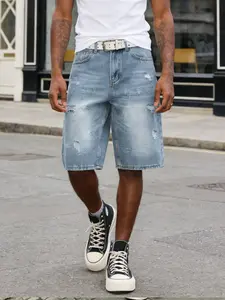 Men's Street Style Light Wash Denim Shorts, Loose-Fitting Regular Fit, Floral Embroidery Design, Basic Ripped Jeans, Casual Summer Wear, Streetwear