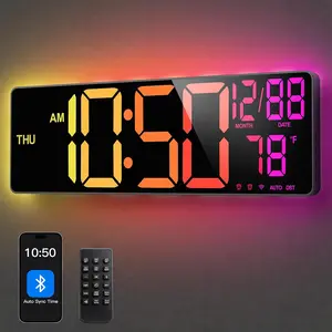16'' Large Digital Wall Clock with Bluetooth Auto Sync, RGB Night Light, Temperature Date Week Display, Voice Control, Dual Alarm, Remote