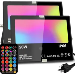 Led Flood Light Outdoor, 50W RGB Color Changing Landscape Lighting with Remote, Timing - 12 Colors - 4 Modes, IP66 ,  3-Plug, (Pack of 2)