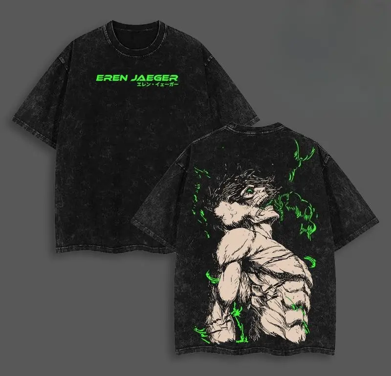 Men's Vintage Round Neck Short-Sleeve Oversized Distressed Acid-Washed Heavyweight Cotton Graphic Tshirt - Attack on Titan Eren Yeager Anime Streetwear Sportswear, Festive Gift for AOT Fans, Shortsleeve, Graphic Print, Top, Casual, Tops, Menswear, Attack,