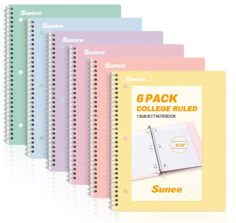 SUNEE Spiral Notebooks, 6 Pack, 1-Subject, College Ruled Paper, 8" x 10-1/2", 70 Sheets per Notebook, Assorted Pastel Colors Spiral Notebooks for School