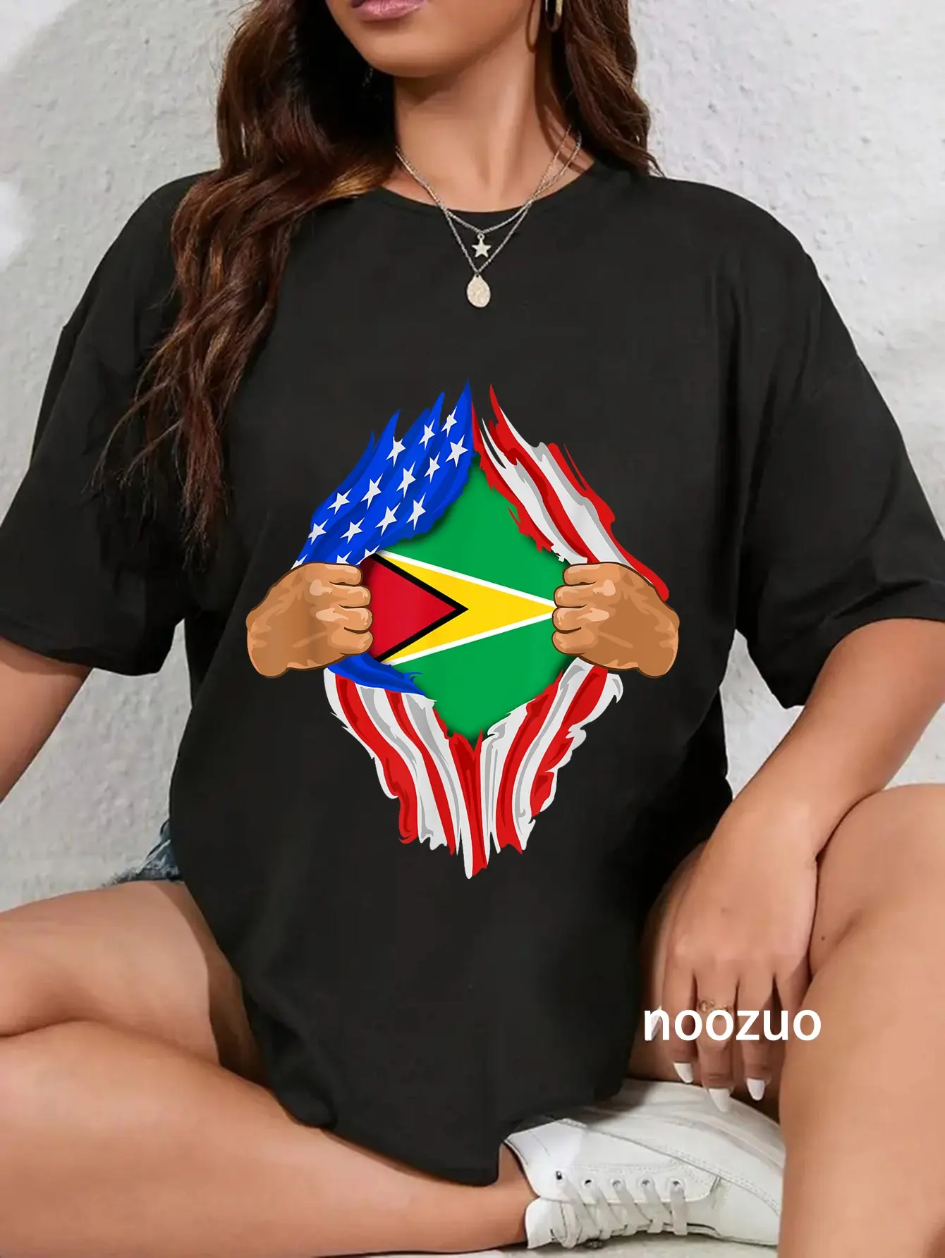 Women's 100% Cotton Large Loose-Fitting Graphic Crew Neck T-Shirt - Distressed Playful Fashion All Seasons Streetwear Top, Guyanese Blood Inside Me Print, Guyana Flag Gift, Machine Washable Casual Vintage