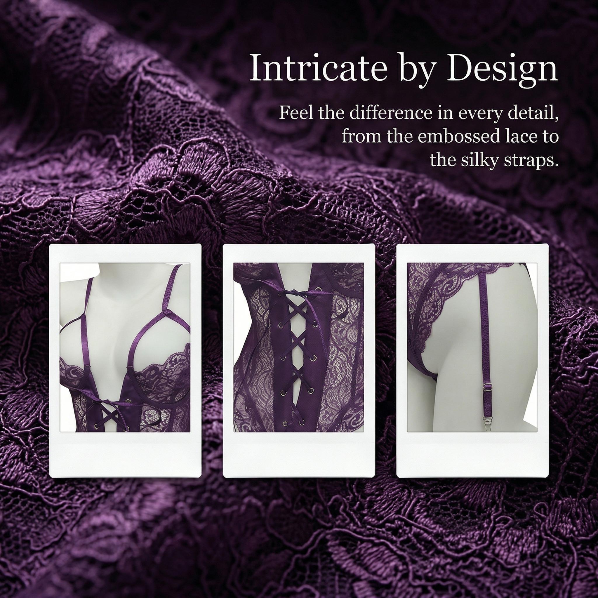 SILIX Purple Lace Bodysuit | Sexy Feminine Lingerie Set Underwear | Form-Fitting | Breathable Lace-Up | Summer Women Sleepwear