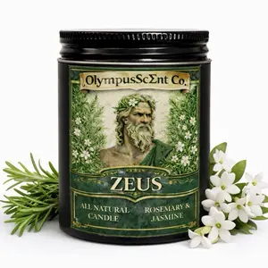 Zeus Themed OlympusScent Co. All-Natural Essential Oil Infused Candle With Floral Jasmine And Earthy Rosemary