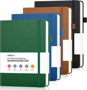 【OMEYA】4 Pack A5 Dotted Journal Notebook Hardcover Leather Dot Grid Bullet Journal 160 Pages 120GSM Thick Paper Lay Flat Office School Supplies, Desk Accessory & Gifts for Women Men Writing Bible Study 5.75" × 8.38" (Black,Brown, Green, Blue)