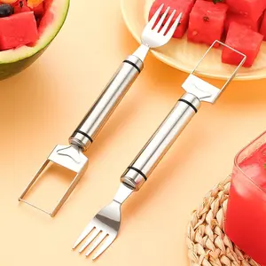 2Pcs 2-in-1 Watermelon Fork Slicer Cutter Stainless Steel Summer Watermelon Cutter for Kitchen Gadget Camping Home Party Fruit Utensils