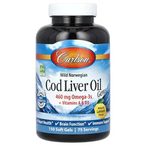 Carlson Wild Norwegian, Cod Liver Oil Gems, Natural Lemon, 150 Soft Gels