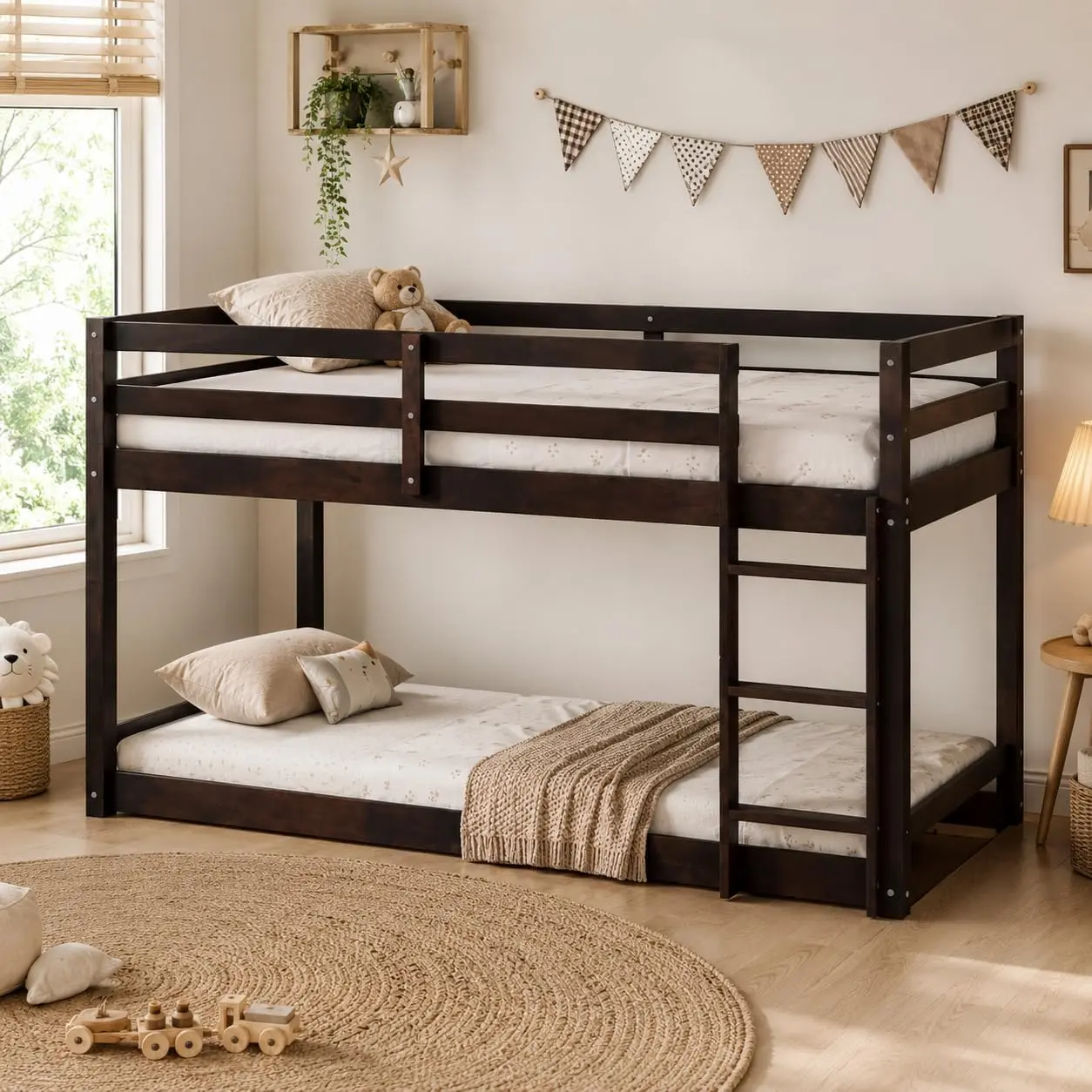 Bunk Bed Twin Over Twin, Floor Bunk Bed w Ladder, Safety Guard Rails, Heavy Duty Wooden Twin Bunk Beds Low Bunkbeds No Box Spring Required, Espresso