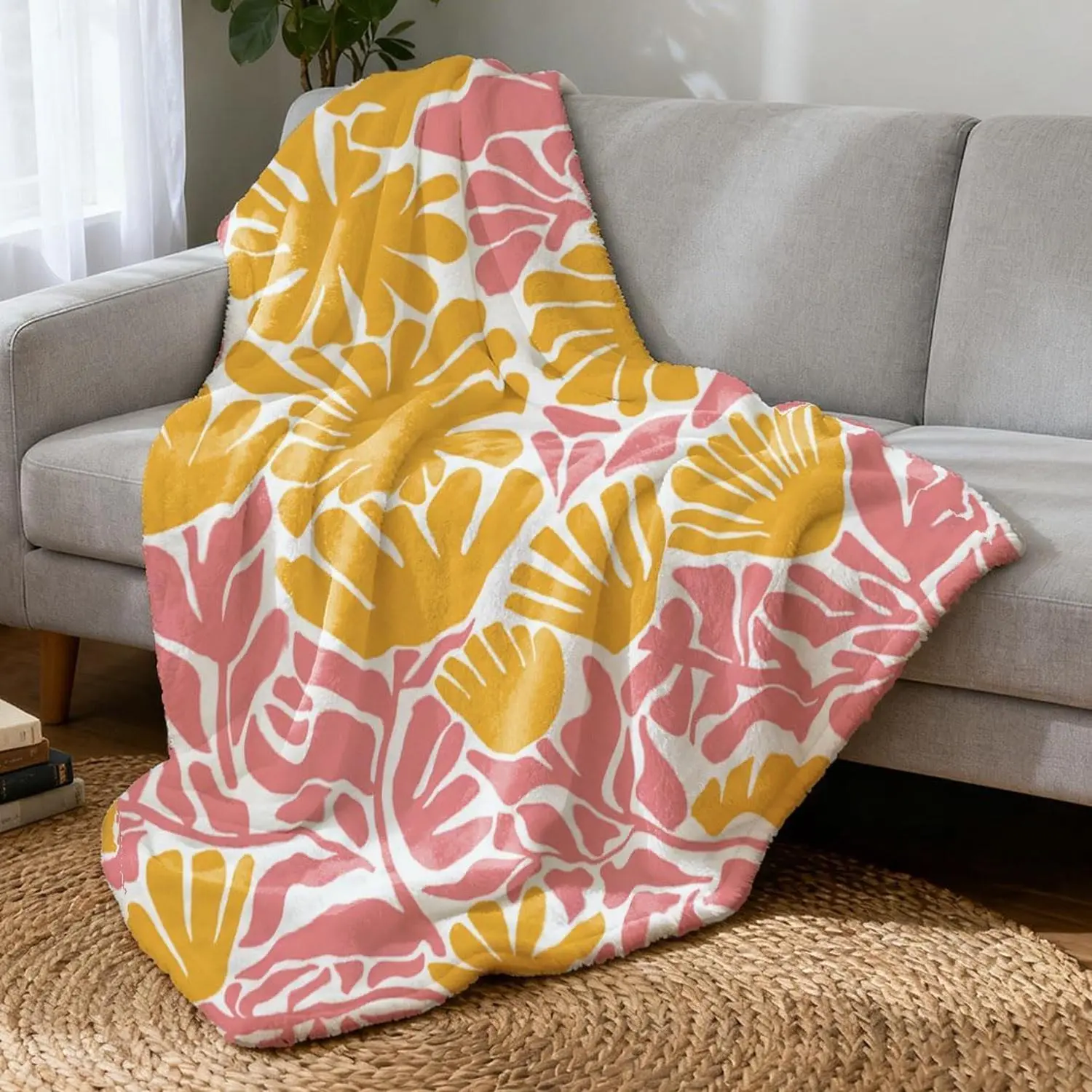 Soft Thick Flannel Blanket Flowers Plant Colorful Blankets for Couch Fibre Men Women Warm Decorative Fuzzy Blanket Travel Home Office School(Orange Pink)