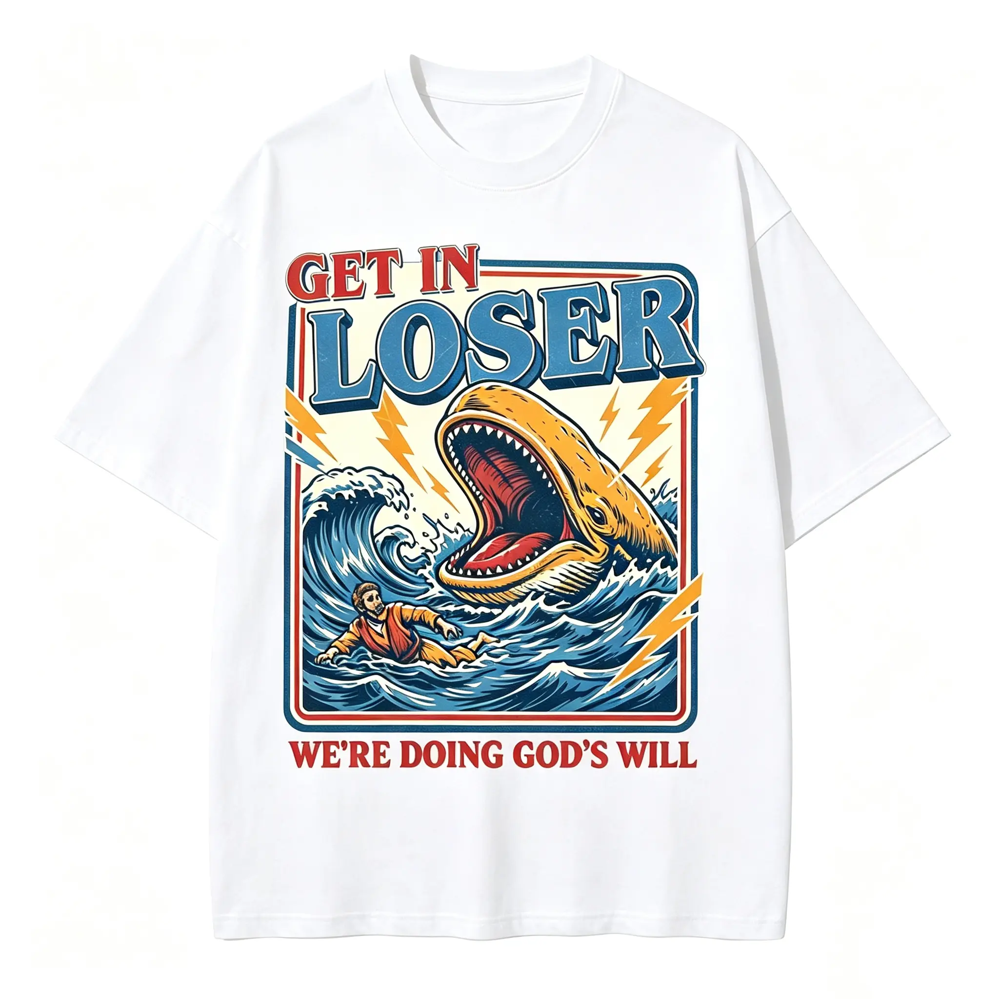 Men's Cotton Round Neck Oversized Short-Sleeve T-Shirt - Casual Fashion Menswear, Christian Streetwear, Jonah and the Whale Graphic, "Get In Loser We're Doing God's Will" Verse, Breathable Faith Humor 90s Trendy Tee