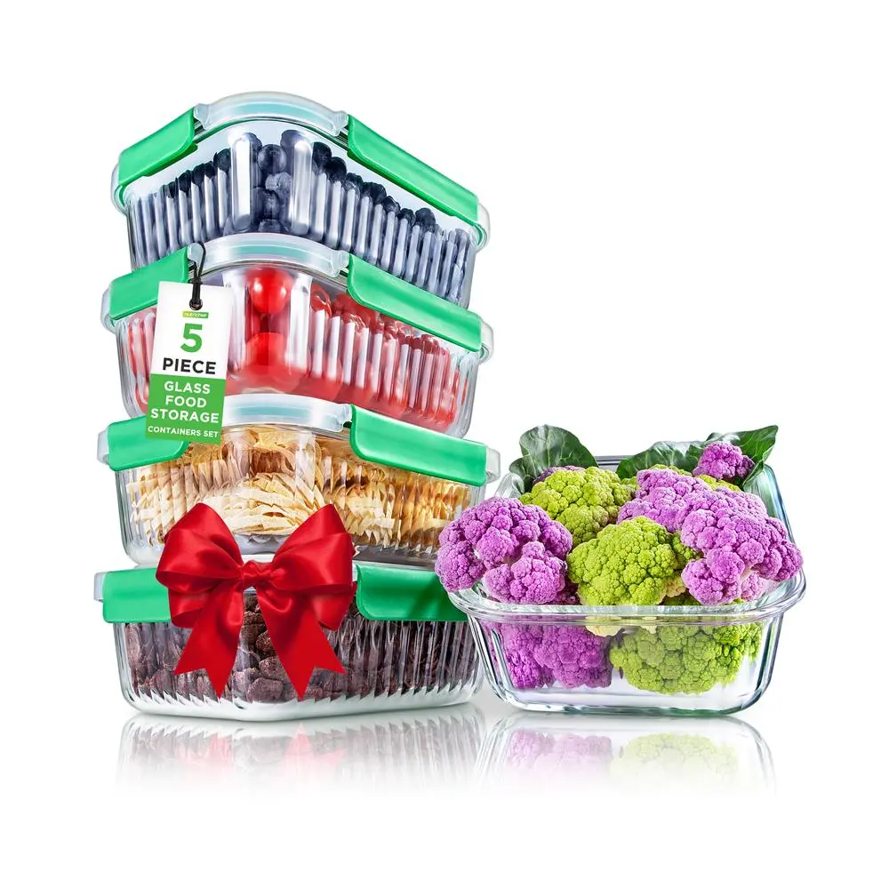 10-Piece Rectangular Glass Food Container Set with Leakproof Airtight Lids - Oven-Safe, Dishwasher Safe, Plastic-Free Kitchen Preserving Utensils That Maintains Freshness