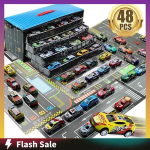 48-Piece Pull Back Cars Set with Garage Storage Box – Race Car Collection for Boys and Girls – Mini Racing Cars, Friction Powered Toy Cars Perfect for Indoor Play and Gift Idea