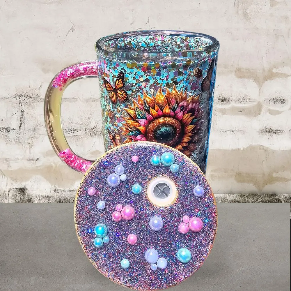 15oz Sunflower Snowlglobe Mug with Colorful Glitter Design and Butterfly Accent on Lid