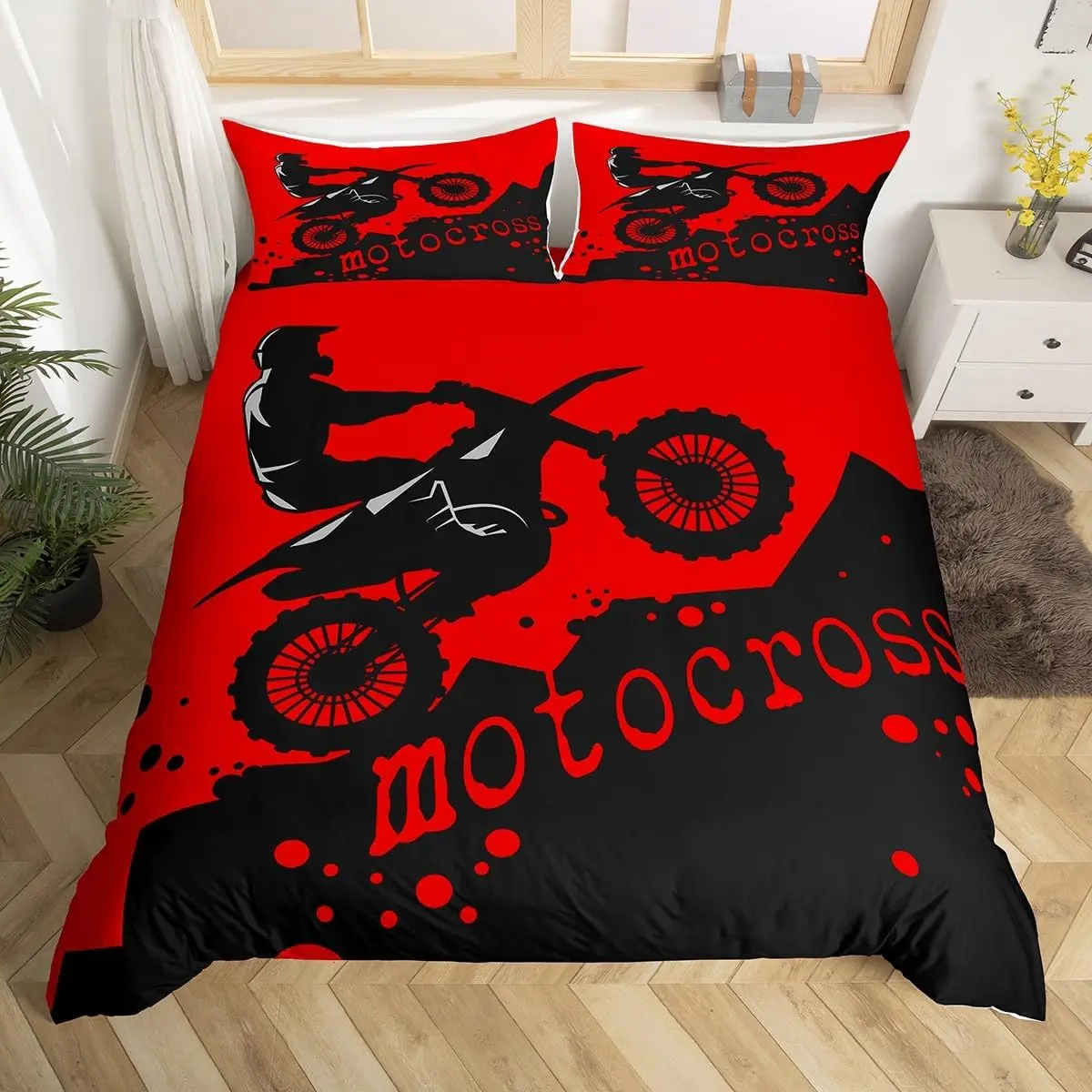 Feelyou Queen Size Microfiber Duvet Cover - Modern Flat Weave Bed Cover with Motocross Print Dirt Bike Racing Motif, Zipper Closure, Dries Tumble Dry Low, Ideal for Motorbike Enthusiasts (No Comforter Included)
