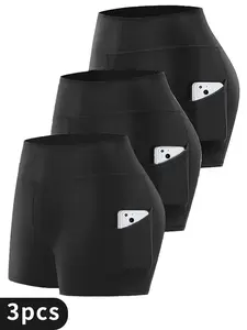 Women's 3-Piece High-Waisted Breathable Sports Cycling Shorts with Pockets Stretch Bodysuit for Fitness Running Cycling & Casual Wear Plain Design Mini Movement