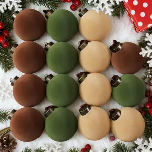 Sbarklo 15-Pack Velvet Christmas Tree Ball Ornaments - 3.15" Decorative Baubles with Rustic Ropes & Metal Caps, Bulk Flocked Shatterproof Balls in (Beige/Brown/Green), Instant Hanging Xmas Tree Decor