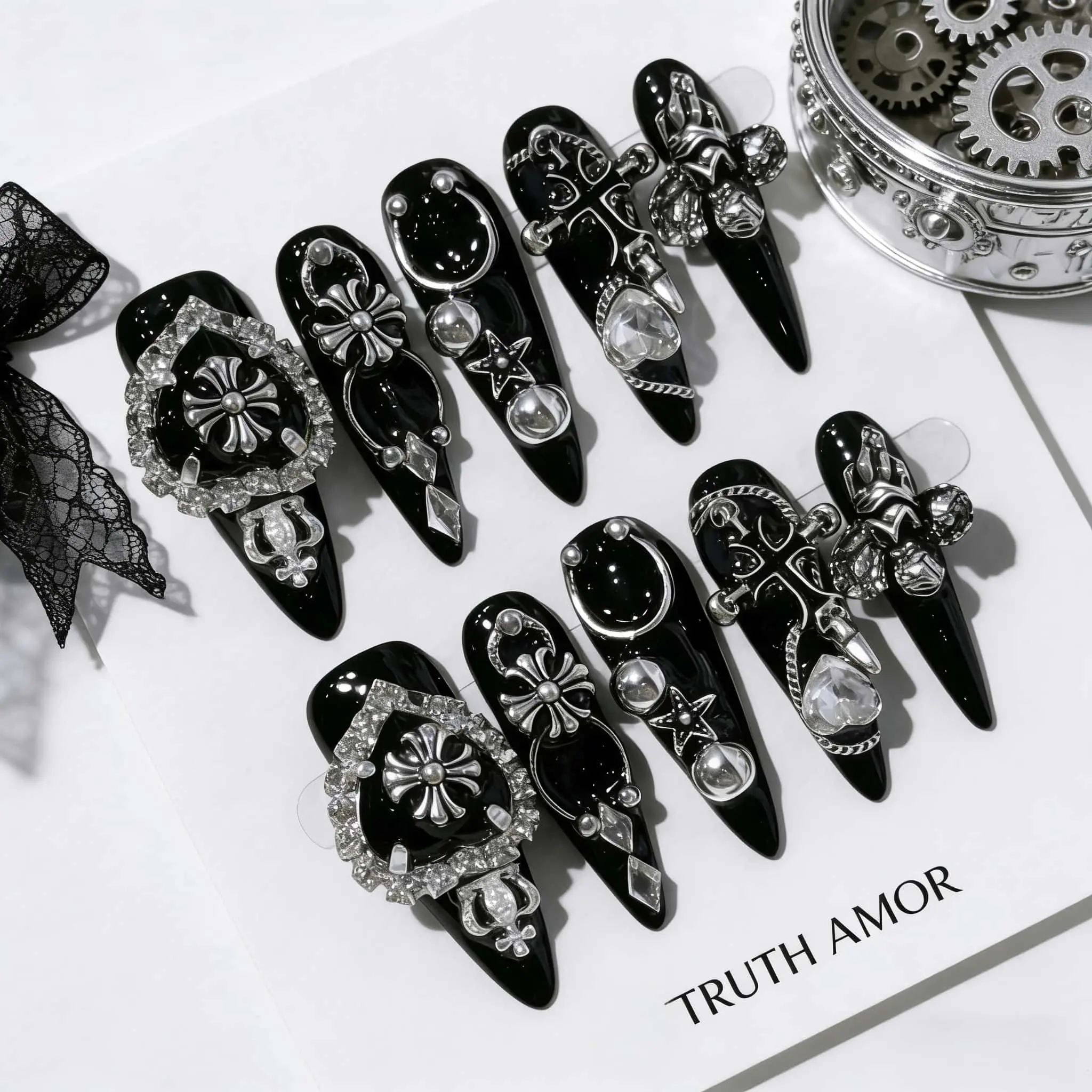 10-piece set, TRUTH AMOR Black-Silver Raid Handcrafted Landmine-style Y2K Nails, Gothic Silver Ornament, Removable & Reusable, Handmade Reusable Decorative Nails, For parties, daily use, rebellious nail choice, nail set