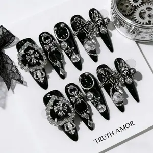 10-piece set | TRUTH AMOR Black-Silver Raid・Handcrafted Landmine-style Y2K Nails | Gothic Silver Ornament Artistic Feel・Removable & Reusable Handmade Press On | For parties, daily use, rebellious nail choice