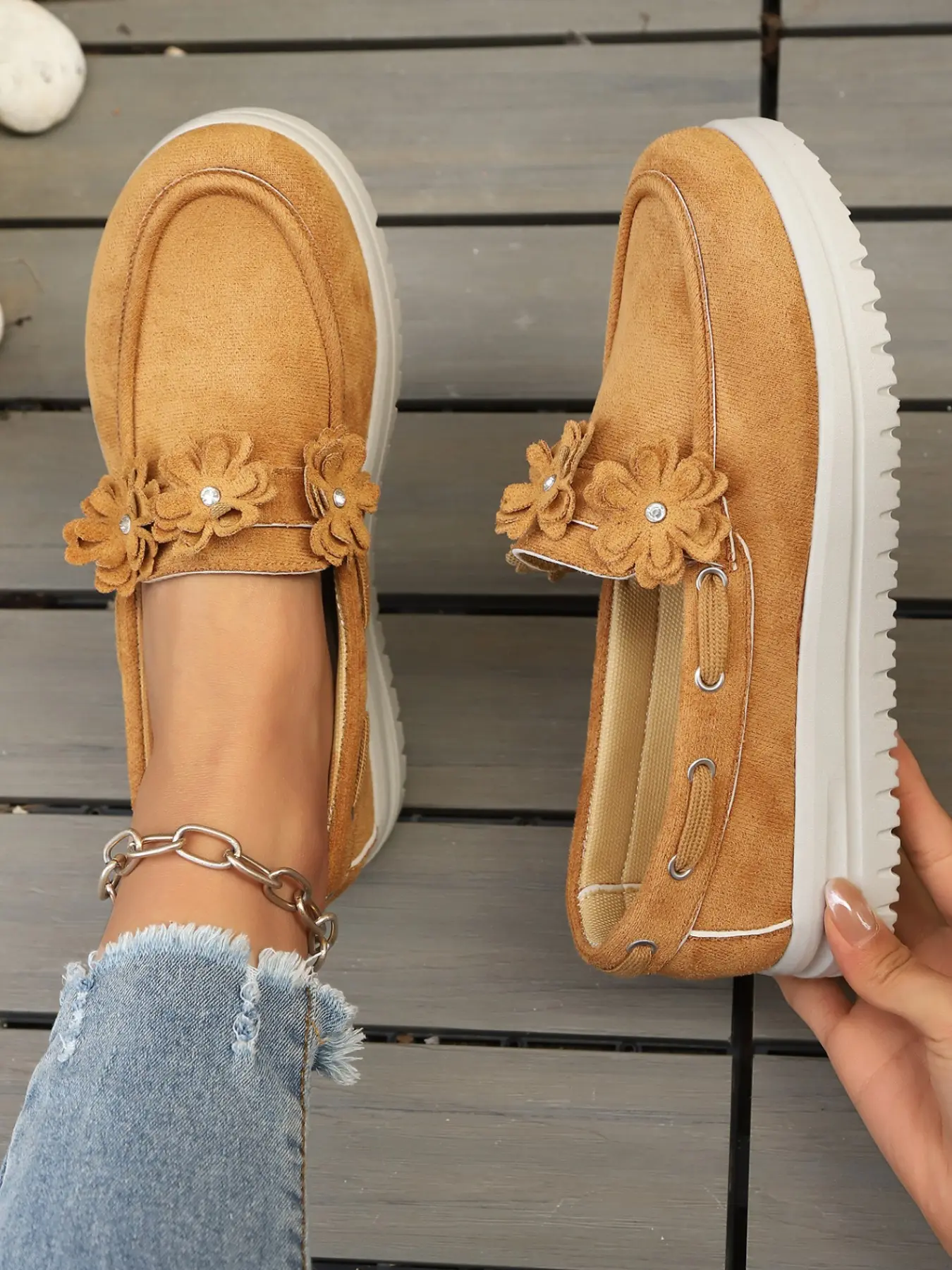 Women's Rhinestone Flower Decorative Velvet Square Toe Thick Sole Loafer, Casual Loafers, Slip-On Lazy Shoe, Slip Ins Shoes, Casual All-Season Footwear, Medium Width