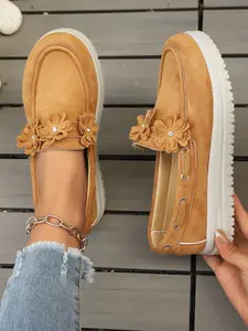 Women's Rhinestone Flower Decorative Velvet Square Toe Thick Sole Loafer, Casual Loafers, Slip-On Lazy Shoe, Casual All-Season Footwear, Medium Width