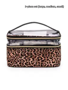 3 Pcs Leopard Print Makeup Bag Set, Cosmetic Storage Bag, Large Capacity Clear Double Layer Cosmetic Organizer, Portable Waterproof Travel Toiletry Bag with Handle for Women