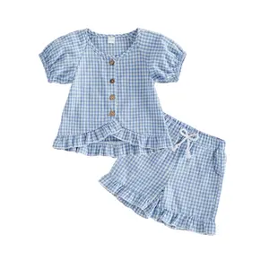 Meihuida Toddler Kids Baby Girl Plaid Outfit Summer Short Sleeve Ruffle Button Tops Shorts Two Piece Gingham Clothes Set