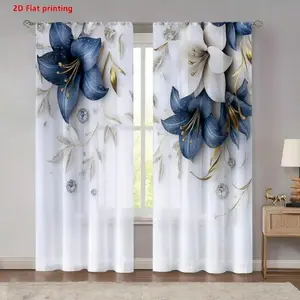 Elegant Blue Lily Curtain Set (2 Pieces), Window Curtain, Rod Pocket Design, Digital Print Privacy Curtains, Easy to Hang, Semi-Transparent Polyester