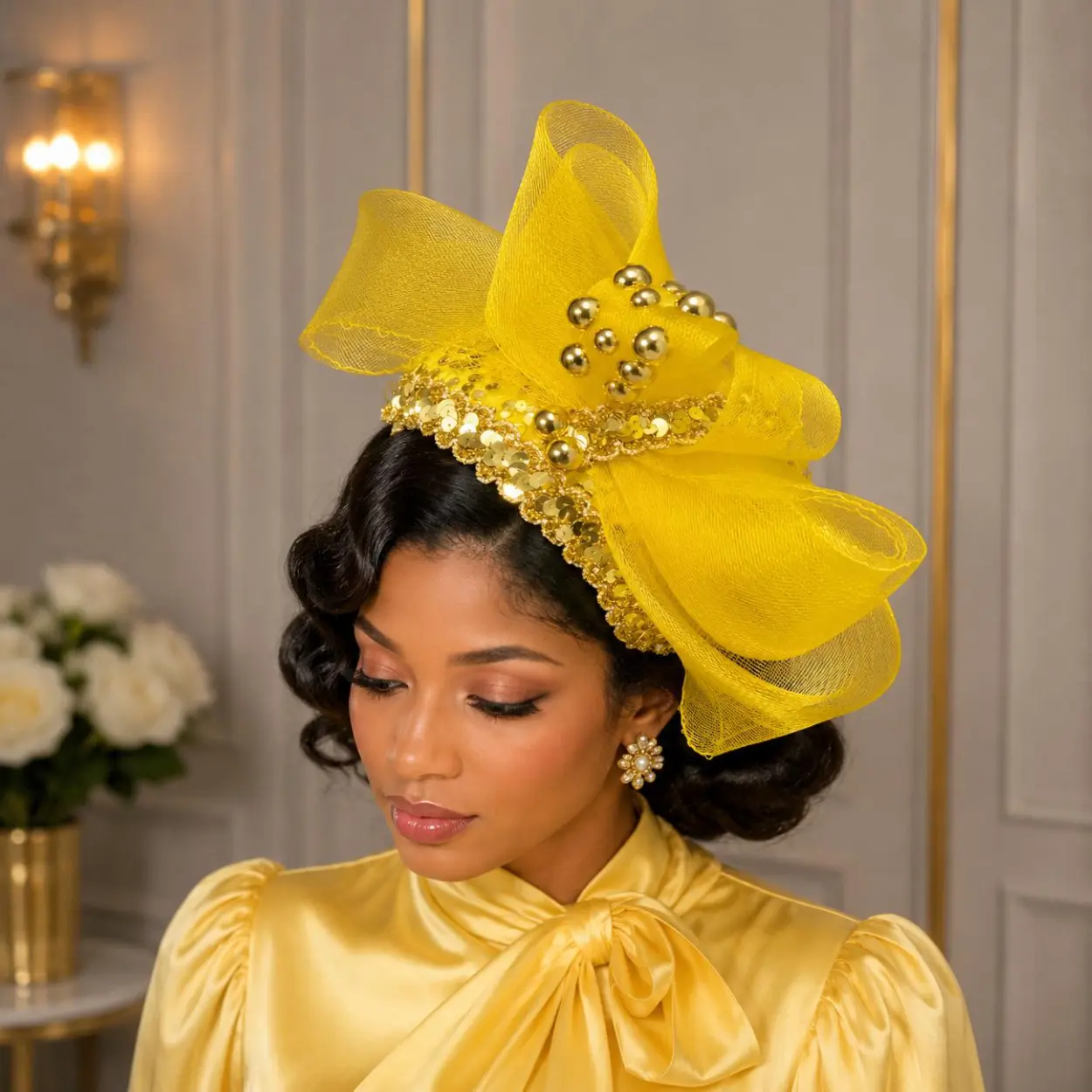 Elegant Gold and yellow Church Hat – Wide Brim Women’s Dress Hat for Weddings, Tea Party, Derby, Formal Events