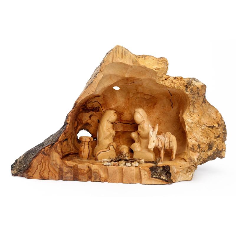 Olive Wood Nativity Scene_ Carved Cave with Fixed Figurines Decor Religious