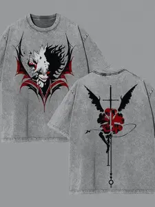 Vintage Anime T-Shirt | Distressed Washed Comic Style Print, Gothic Y2K Casual Top, Cyberpunk Style Round Neck Short Sleeve, Loose Fit, Perfect for All Seasons