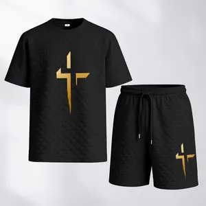 Men's Spring And Summer Golden Cross Print With Red And Black Line Checkered Fabric Drawstring Shorts Set, Casual Summer Outfit With Short-Sleeved Shirt And Shorts, Ideal For Everyday Wear And Sports Activities