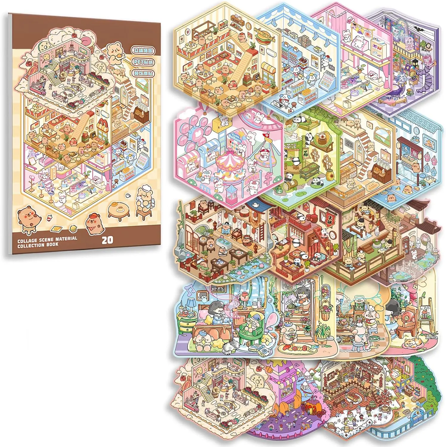 20 Sets DIY 3D Sticker Scene Collection Book for Kids Adults Cute Make Your Own Shop House Stickers for Gifts Stickers Therapy for Adult Relief Stress Pass The Time Play Park Hamburg Castle Library