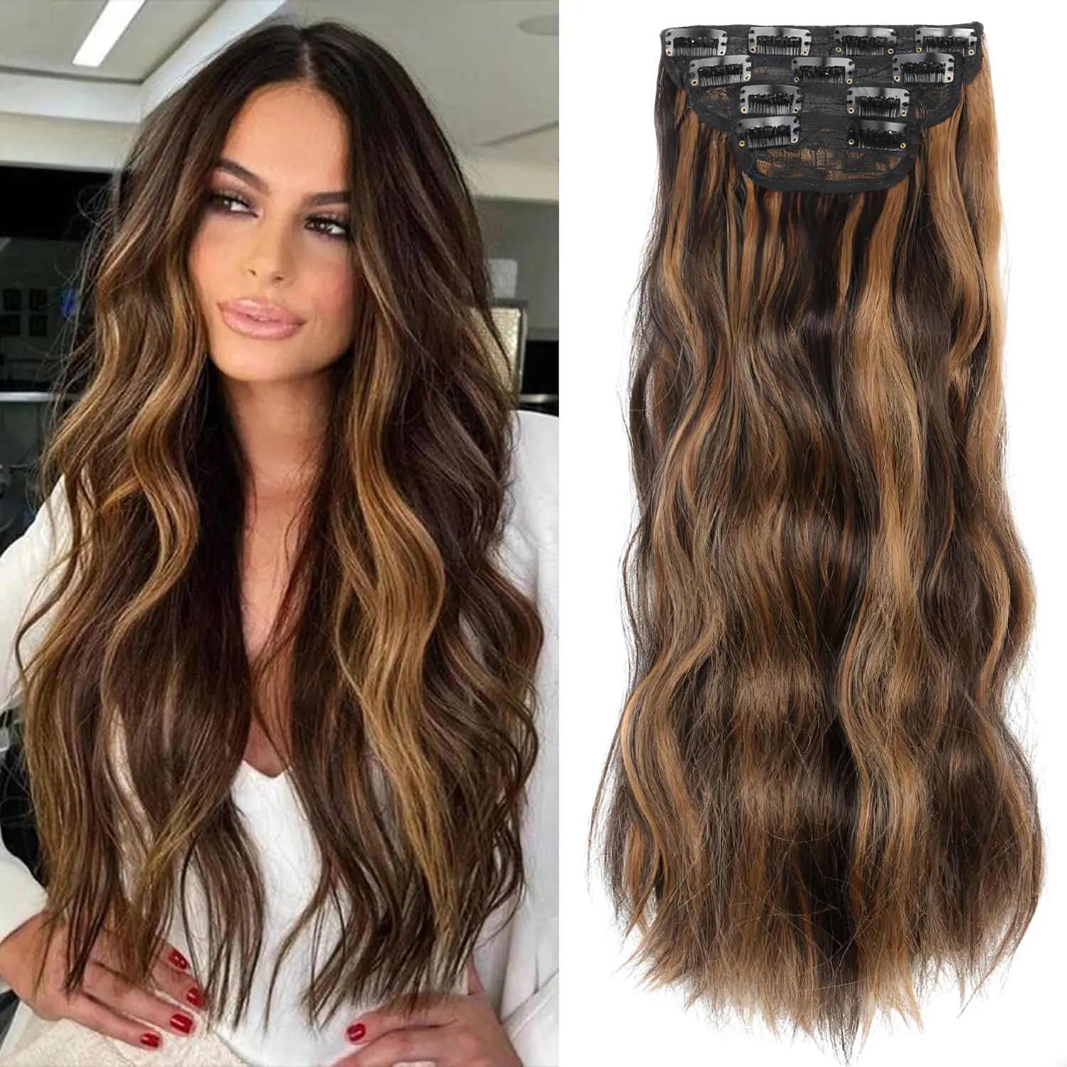 VOSILK Clip in Hair Extensions, 20 Inch Blonde Brown Wave, 4 PCS Thick Double Weft Glueless Synthetic Hair Set for Women, Chocolate Brown & Ash Blonde, Synthetic Hair Extensions