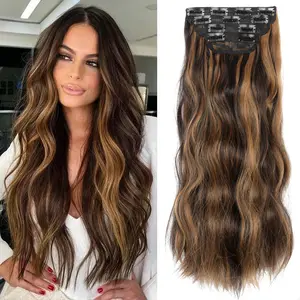 VOSILK Clip in Synthetic Hair Extensions Long Wavy 4PCS Thick Hairpieces Fiber Double Weft Natural Hair Extensions 20 Inch for Women Chocolate Brown Mixed Ash Blonde