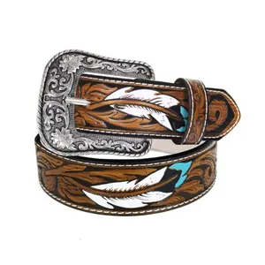 fashion Western Belts - Rustic Brown Faux Leather with Turquoise Feather & Floral Embossing, Alloy Buckle - Ideal for Jeans, Dresses & Country Outfits - Adjustable 7-Hole Design, Perfect Gift