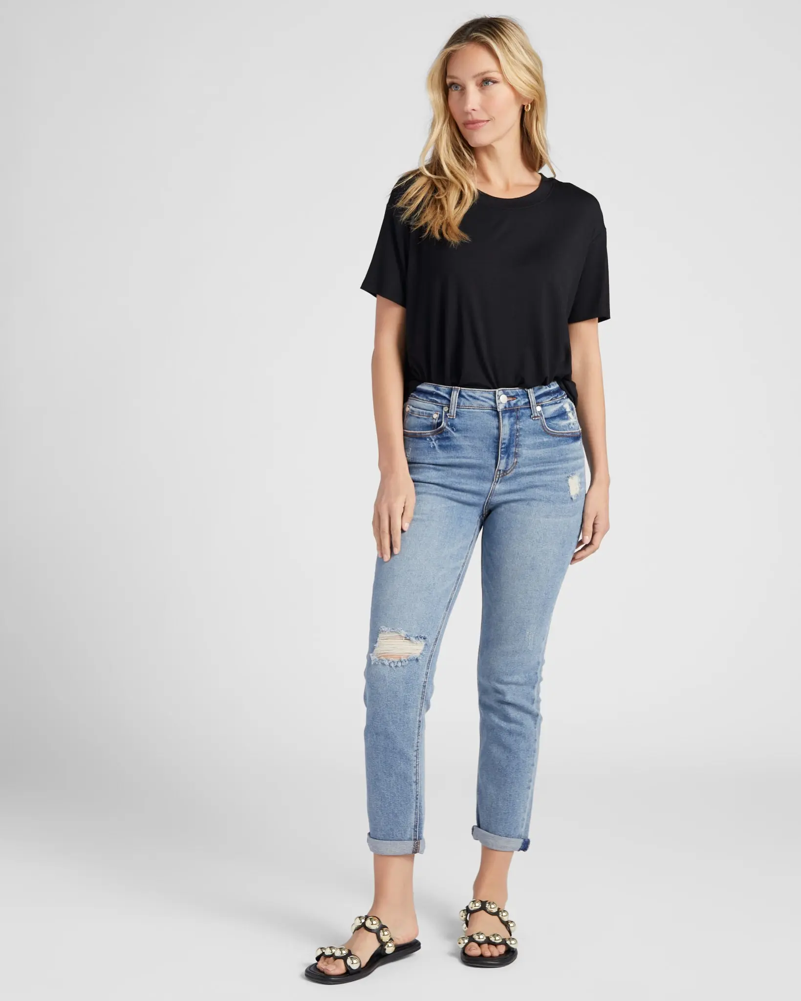 Women's Stretchy Slim Denim High-Rise Mom Pants, Casual Women's Bottoms Jeans, Fit, Cuffed, Distressed High-Rise Jeans, Comfy Stretch Jeans