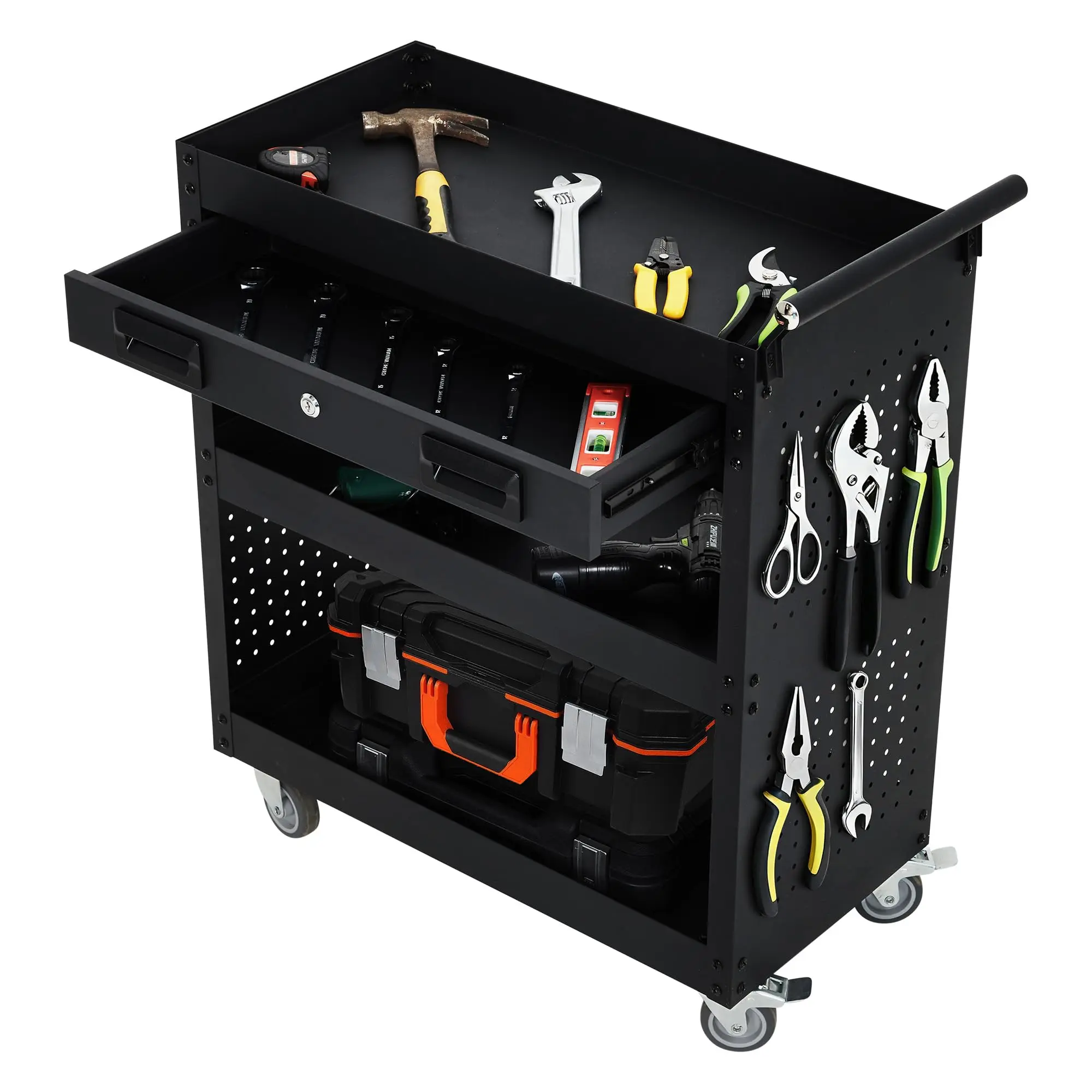27 Inch Rolling Tool Cart on Wheels 3 Tier Steel Utility Tool Cabinet with Drawer and Casters Heavy Duty Tool Chest for Garage Warehouse and Workshop
