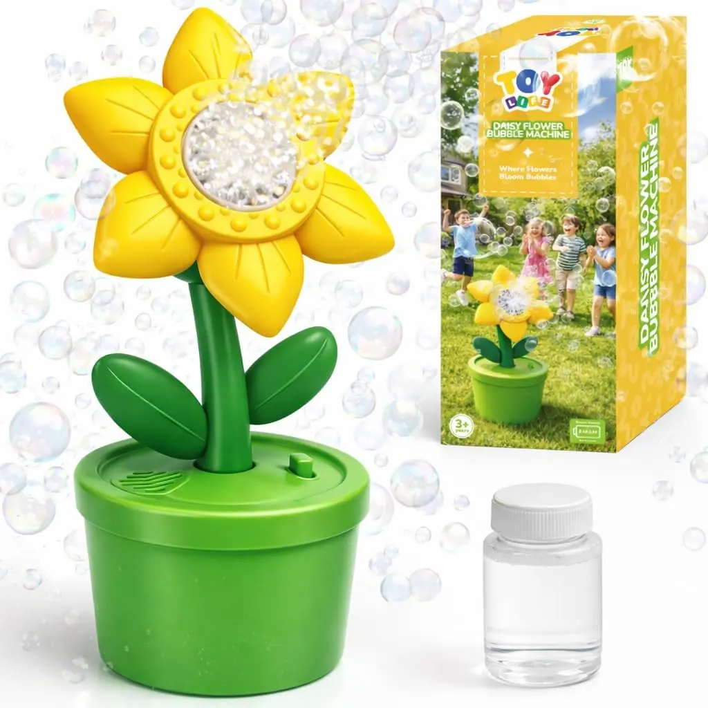 TOY LIFE Automatic Flower Bubble Machine for Toddlers, Daisy Bubble Blower Toy with LED Light & Music, Portable Outdoor Lawn Party Favors, Birthday Gifts for Kids Boys Girls 3+