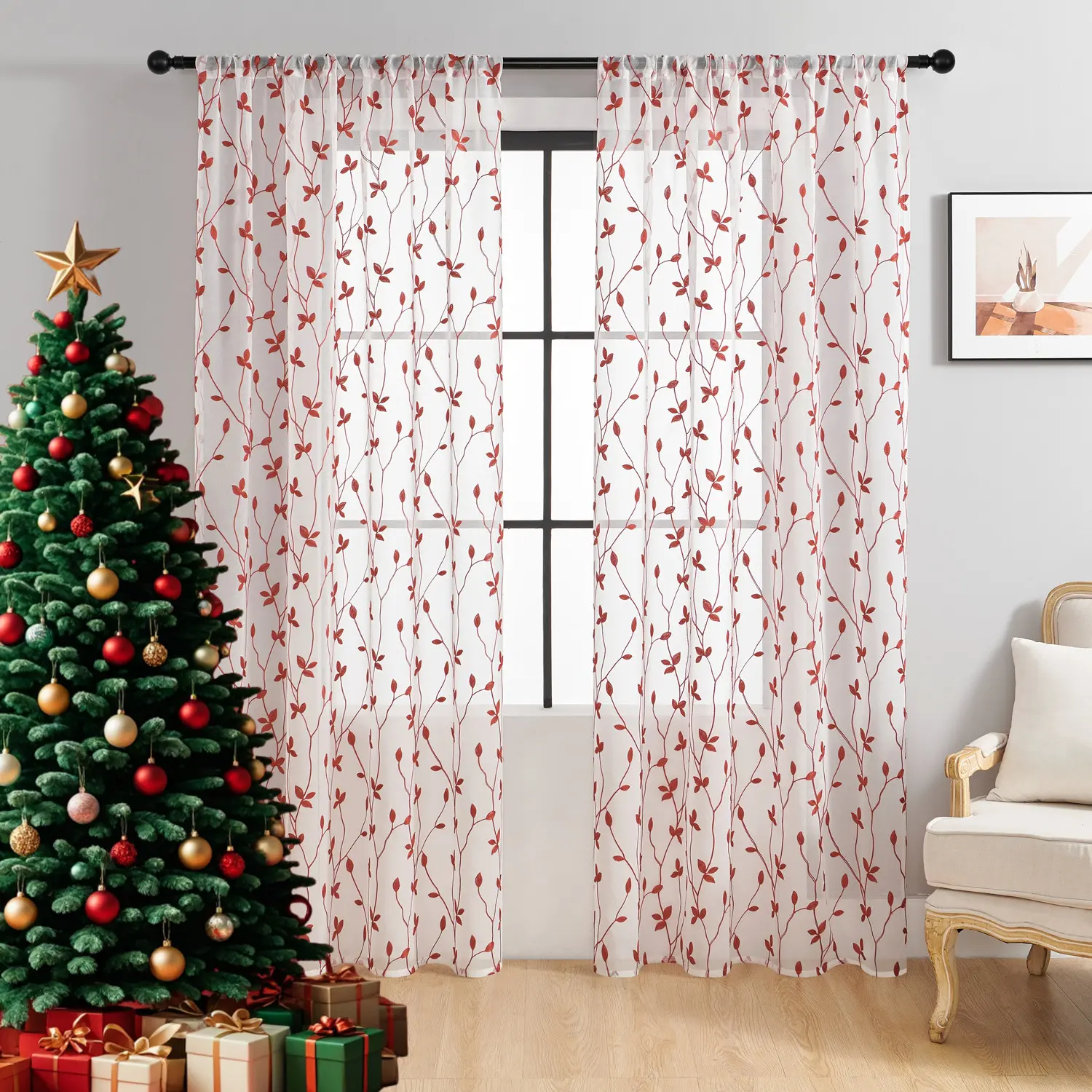 Sheer Curtains with Embroidered Leaf Design 2 Panels Set for Living Room & Bedroom Bee Garden Cafe Style Curtains Transparent Colorful Wedding Curtain Gauze Luxury Elegant Semi-Sheer Silk Privacy Drapes Pinch Pleated Linen Cotton Curtains Set langsir bida
