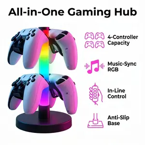 RGB LED Game Controller Holder, 4-Port Gaming Controller & Headphone Stand with Dynamic Light Effect, Multi-Device Storage Rack for PS5, PS4, Xbox, Switch Controllers, Gaming Accessories for Desk, Bedroom & Gaming Room