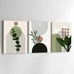 3pcs Framed  Modern Minimalist Green Plant Decorative Painting Nordic Style Living Room Wall Art Abstract Line Geometric Canvas Prints with Wooden Frame Bedroom Dining Room Wall Decor Home Soft Furn