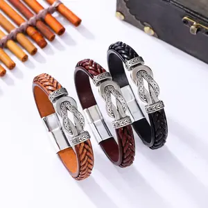 Men's Vintage Braided Leather Bracelet with Magnetic Buckle, Fashionable Versatile Wristband, Birthday Gift for Him & Her, Magnetic Clasp Bracelet