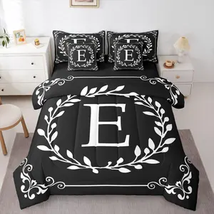 Monogram Letter E Comforter Set with Sheets Black and White 7 Piece Bedding Set Boho Damask Floral Bed in A Bag Personalized Gifts for Adult Women Botanical Flower Bed Set