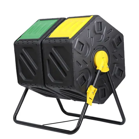 Segawe 37gal Double-Chambers Outdoor Rotating Tumbling Compost Bin - Metal Frame Durability, Remixing Function, Black Plastic Aeration Container, 9.2" Window Access, 27.1x23.6x29.1 Inches, Dual-Chamber Mix Capability