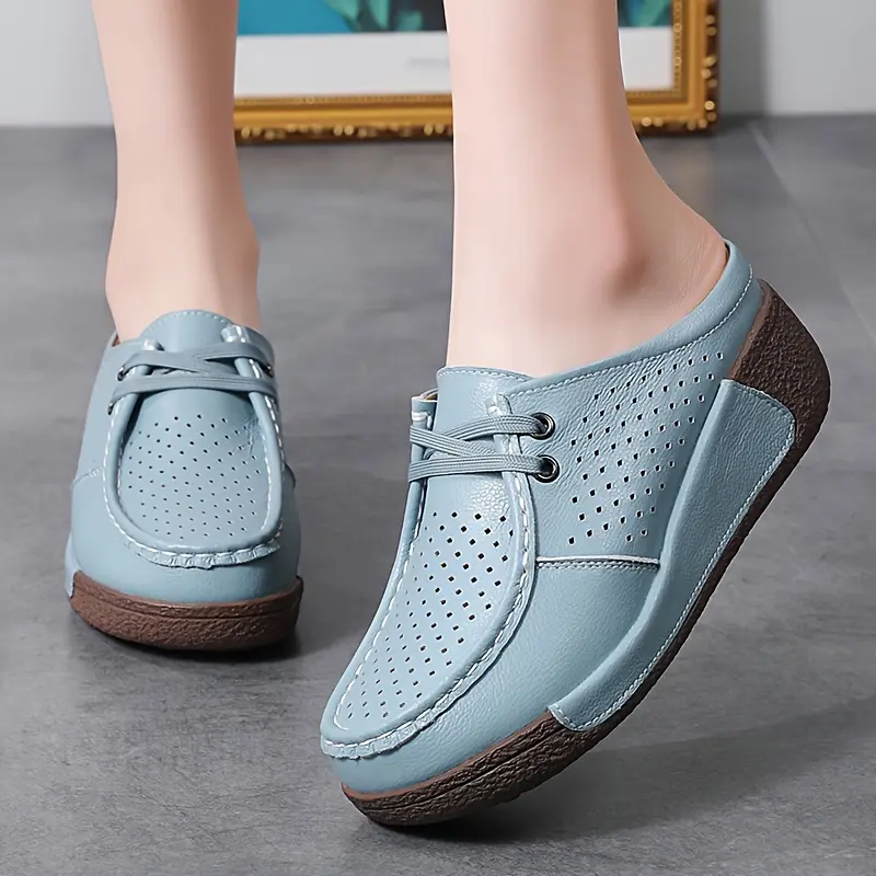 Women's large-size shoes, solid-color casual mules, comfortable thickened soft-soled hollow clogs, breathable wedge heels for daily wear, work shoes and walking shoes