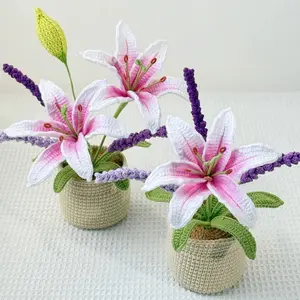 Crochet Lily & Lavender Potted Plant, Stargazer Lily Style, Yarn Flower Arrangement