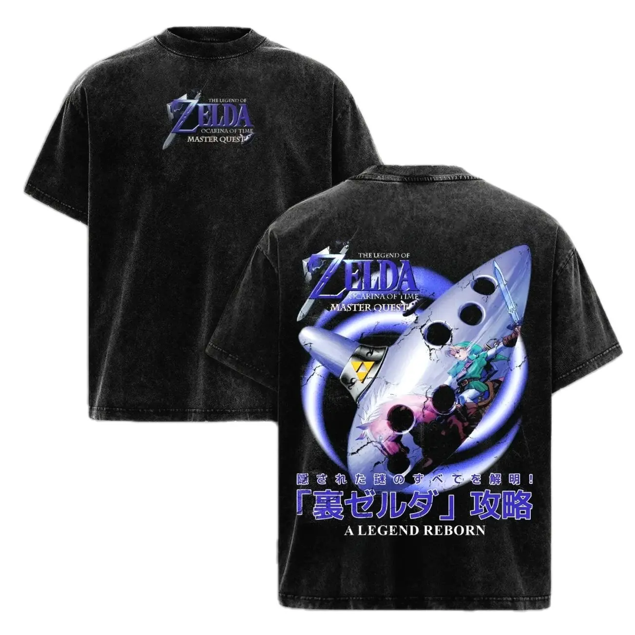 Thrift Distressed Vintage Adventure Tee Big Ocarina of Time Link Epona Cracked Ocarina Graphic Back Mini Purple Zelda Master Quest Logo Chest Front Grunge Casual Shirt EK1