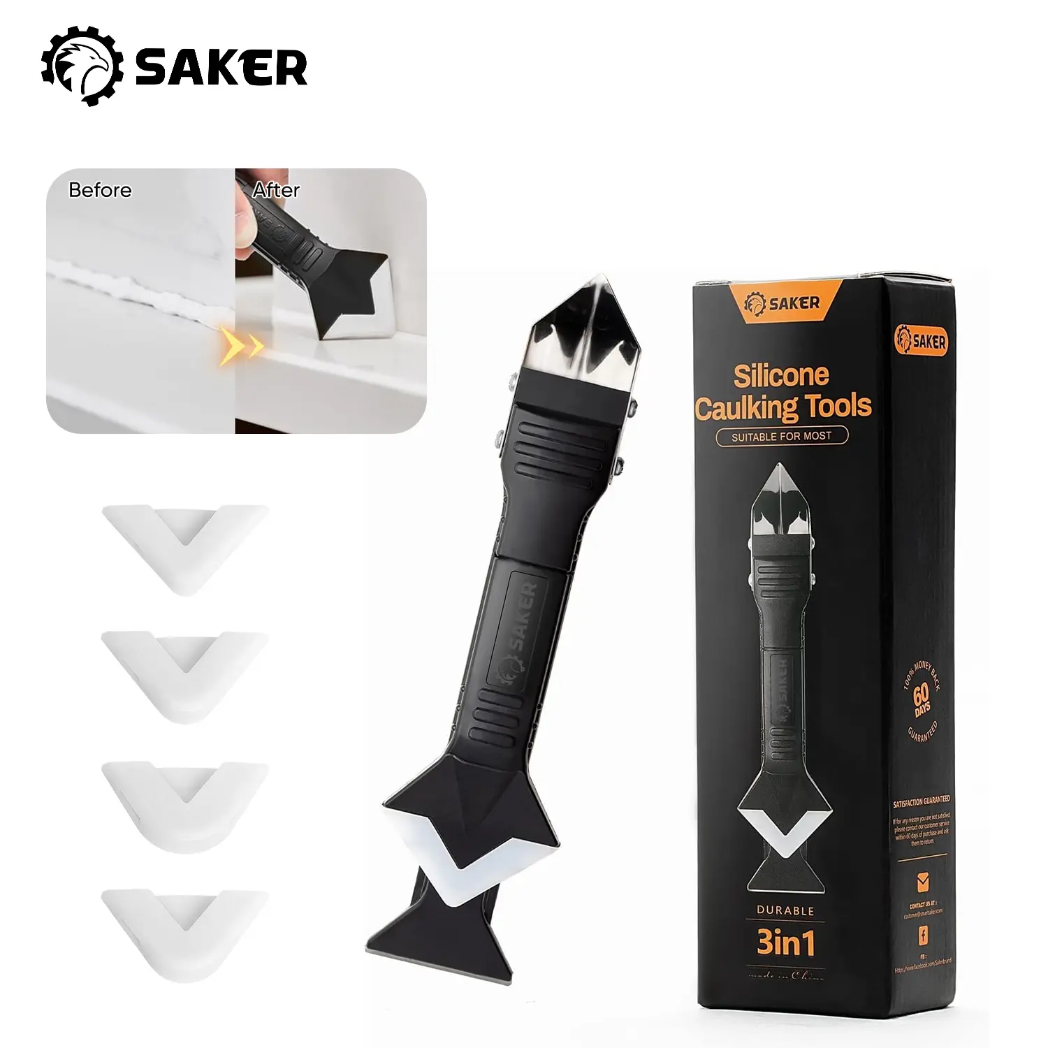 Saker Silicone Caulking Tool - 3 in 1 Sealing Finishing Tool Grouting Scraper for Bathroom, Floor, Window, Sink Joints, Frame